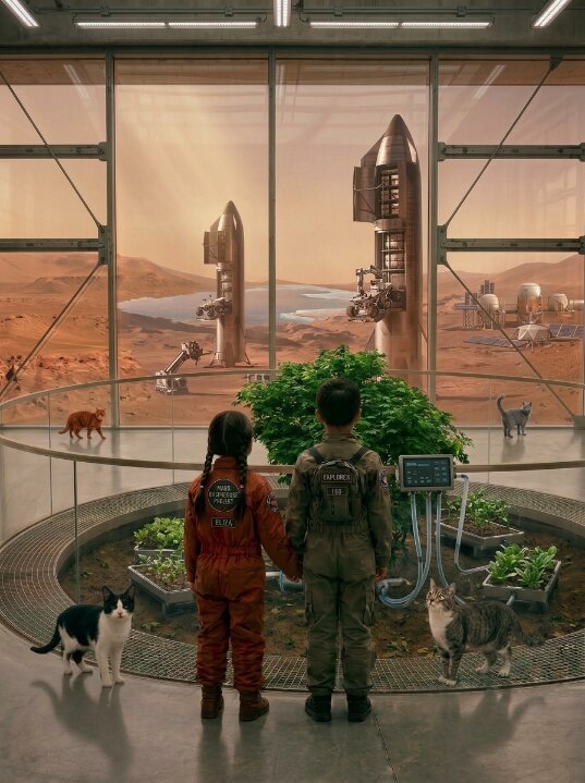 Two young explorers and their cats looking across a settlement on Mars